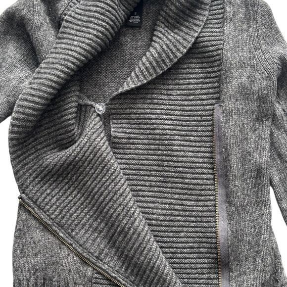 Dark Gray Ribbed Cardigan Zipper Front, Wool Mix Casual Layering Sweater - Picture 3 of 5